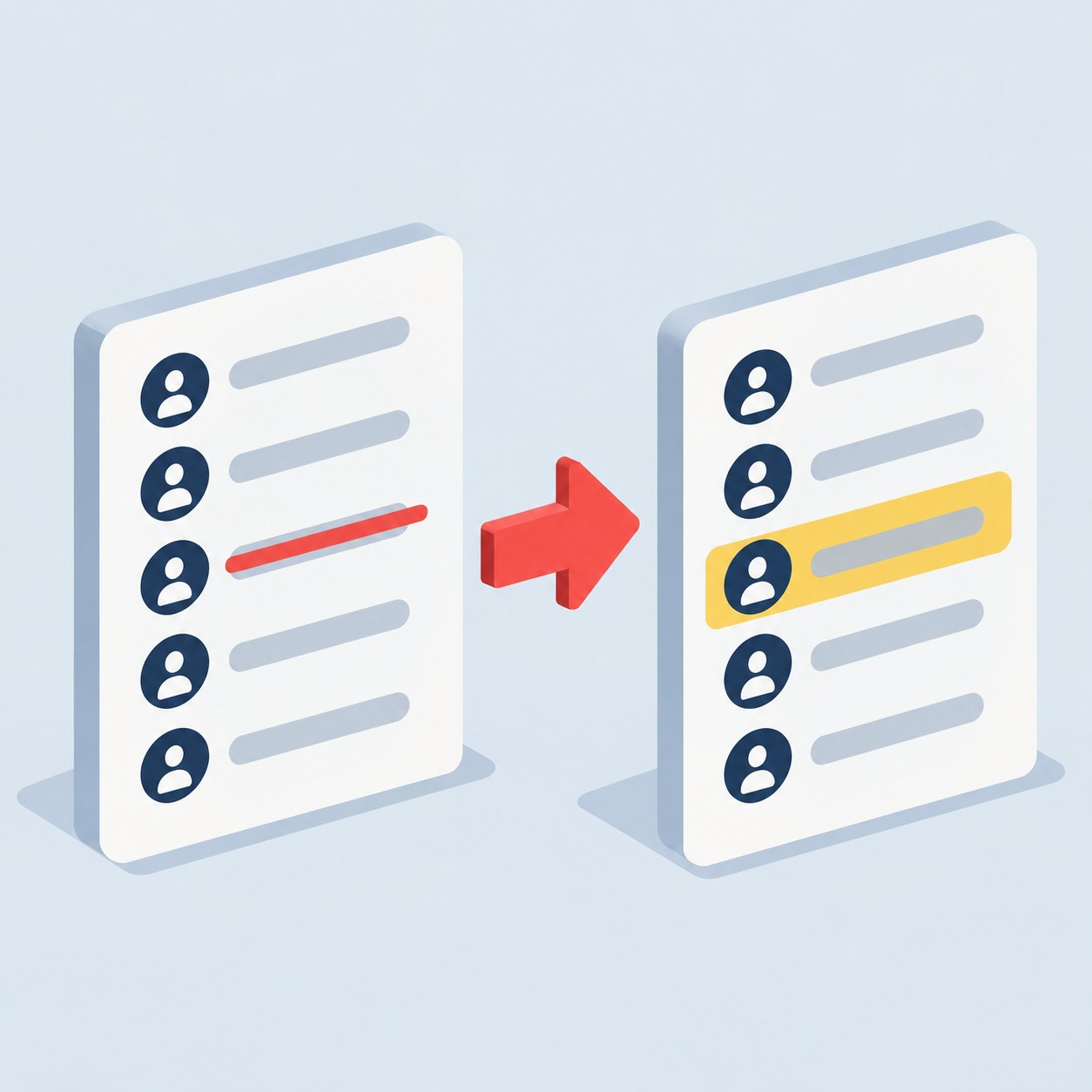 Two list cards side by side, a name crossed out on the first and still present on the second, a red arrow between them.