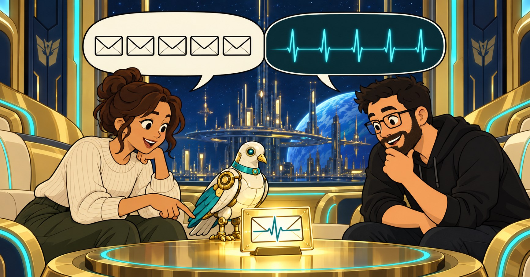 Two people talk across a gold table, one speech bubble holding five envelopes and the other five pulses of the same count, with a mechanical dove between them beside a card carrying both symbols in one.
