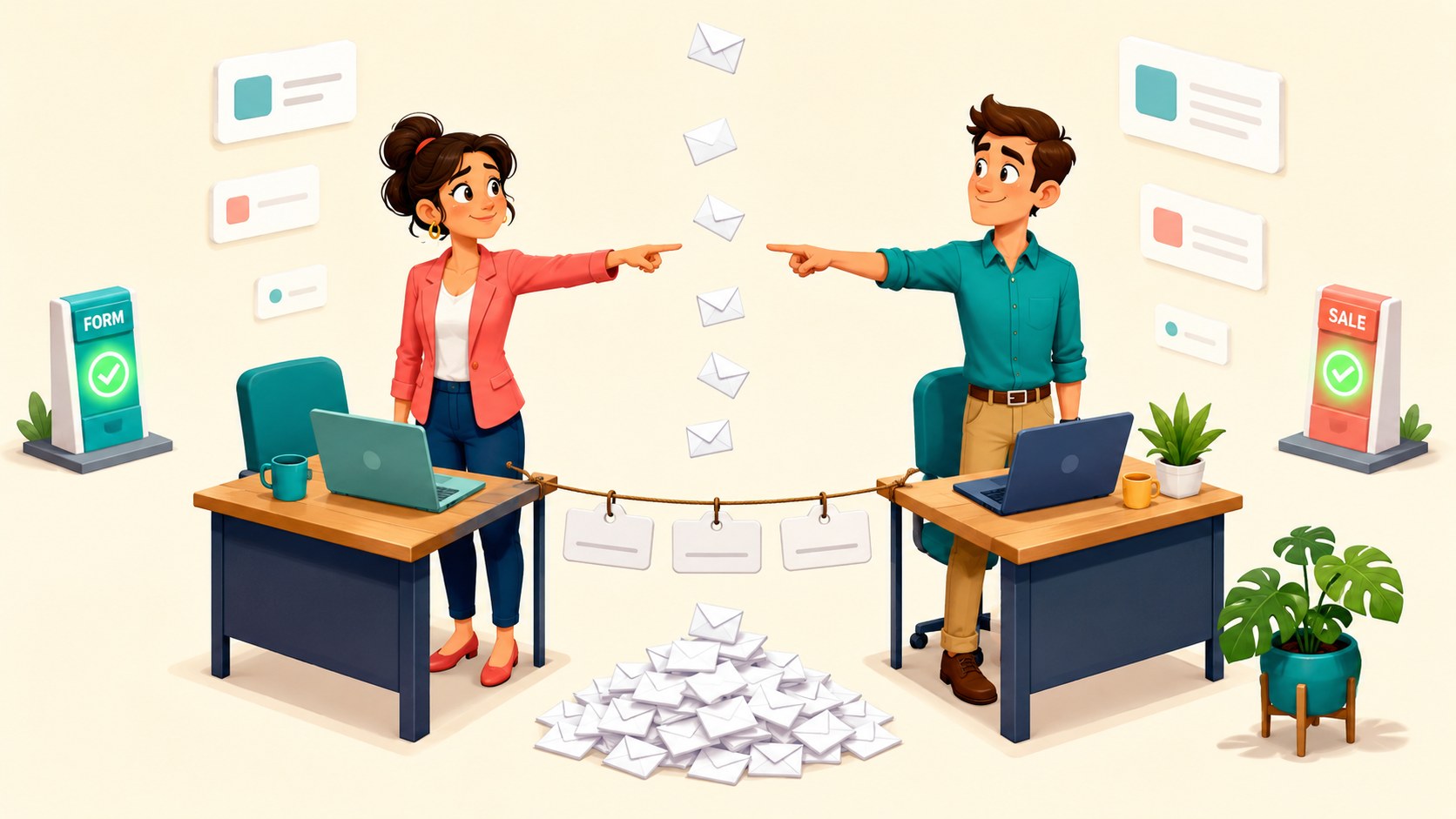 Two office workers point at each other while envelopes fall between their fingers; three name tags hang empty.