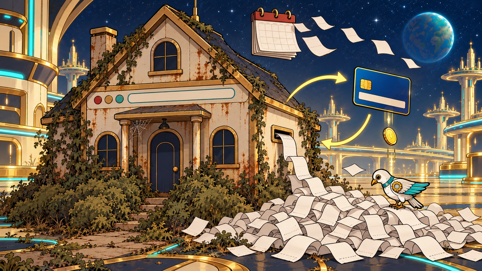 An overgrown house billed month after month, a card on file and a long spill of receipts.