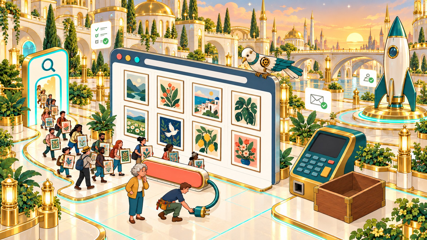 Visitors find an art-print website, but the checkout cable is unplugged, so no orders reach the till.