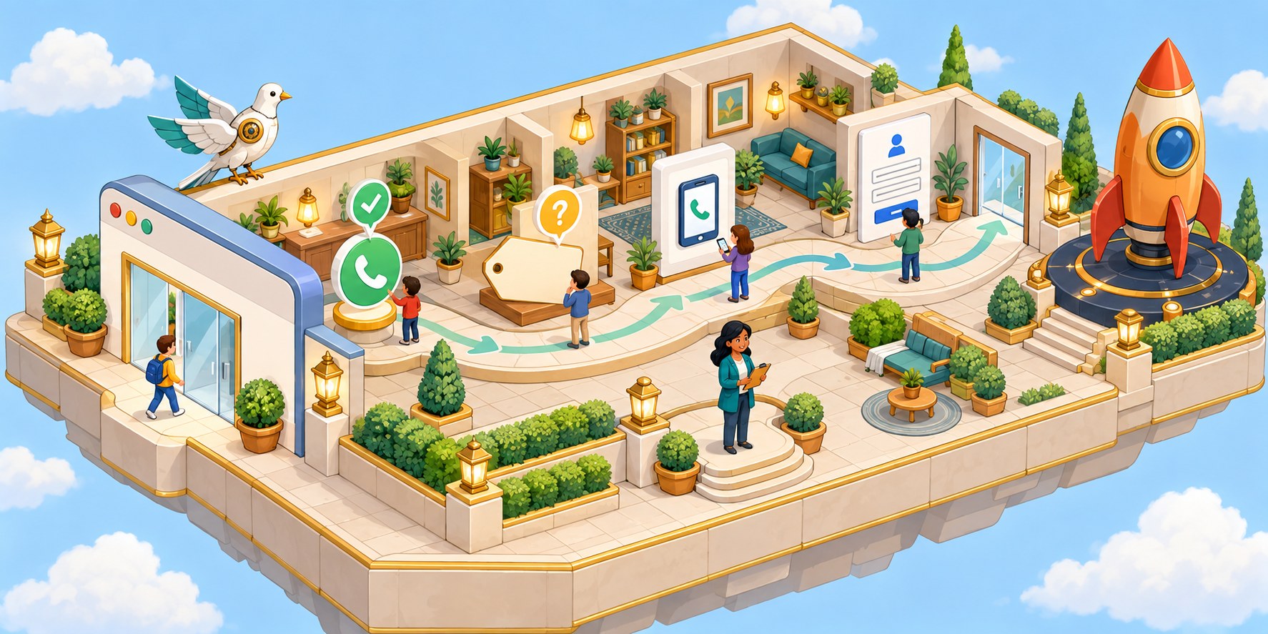 An isometric shop built as a website, with five visitors on a path while the owner takes notes.