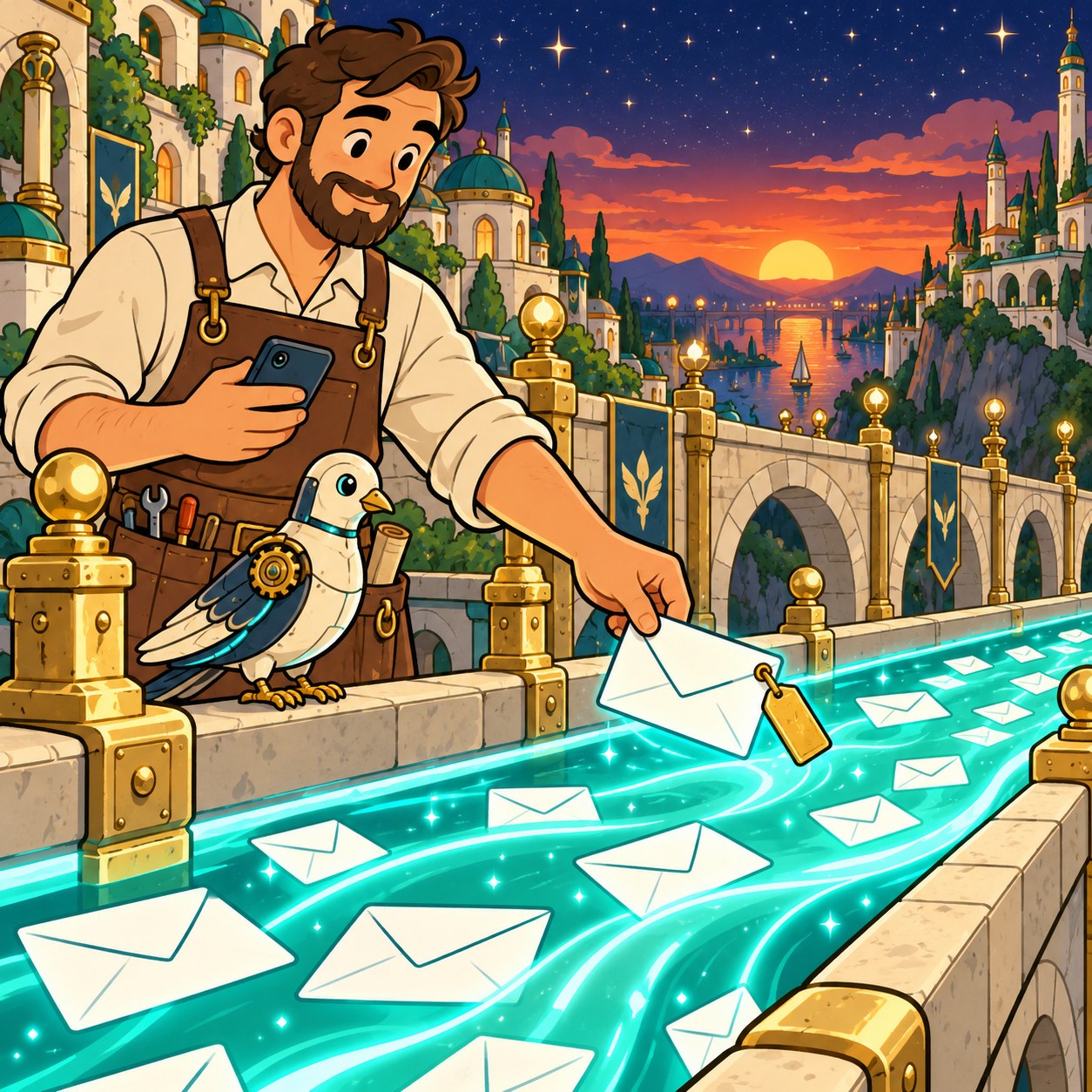 A man releases a tagged envelope into the stream of letters with his phone in his other hand.