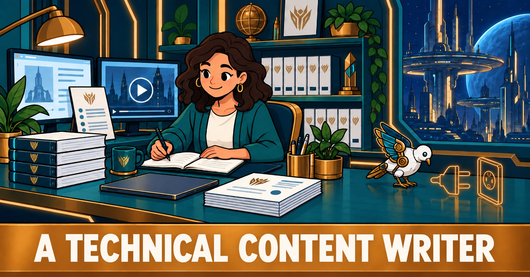 A technical content writer surrounded by finished whitepapers and a demo video, with an empty outline of a plug and socket alone on her desk.