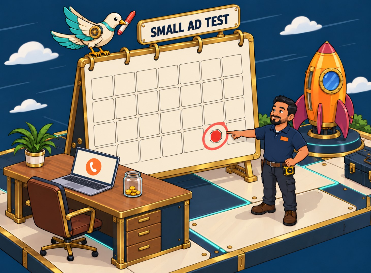 A repair company owner points at a stop date circled on a big calendar before a small ad test starts.
