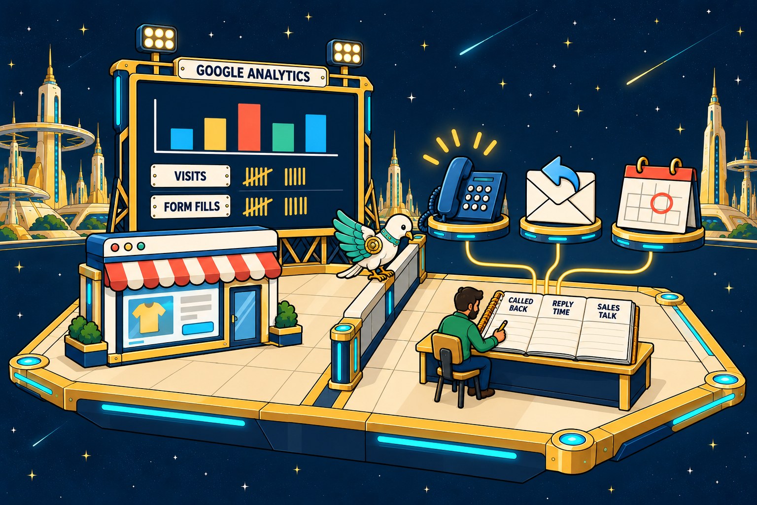 A Google Analytics scoreboard counts visits and form fills; calls, replies and sales talks go into a hand-kept scorebook.
