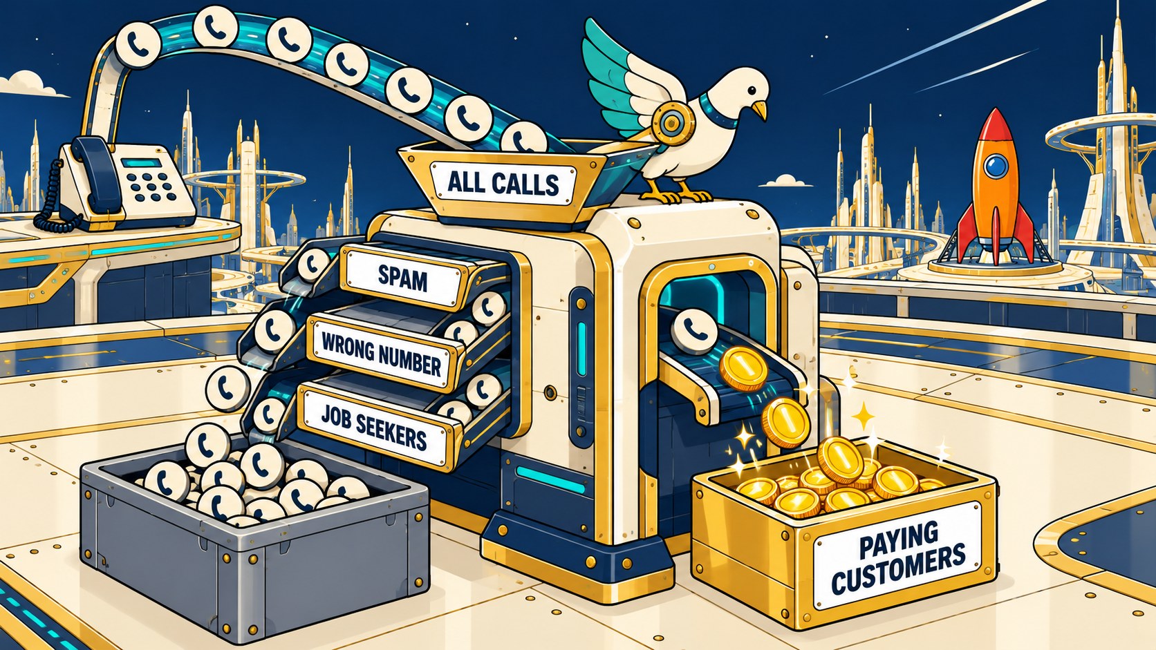 A call sorter drops spam and wrong numbers in a scrap bin and paying customers into a gold coin box.
