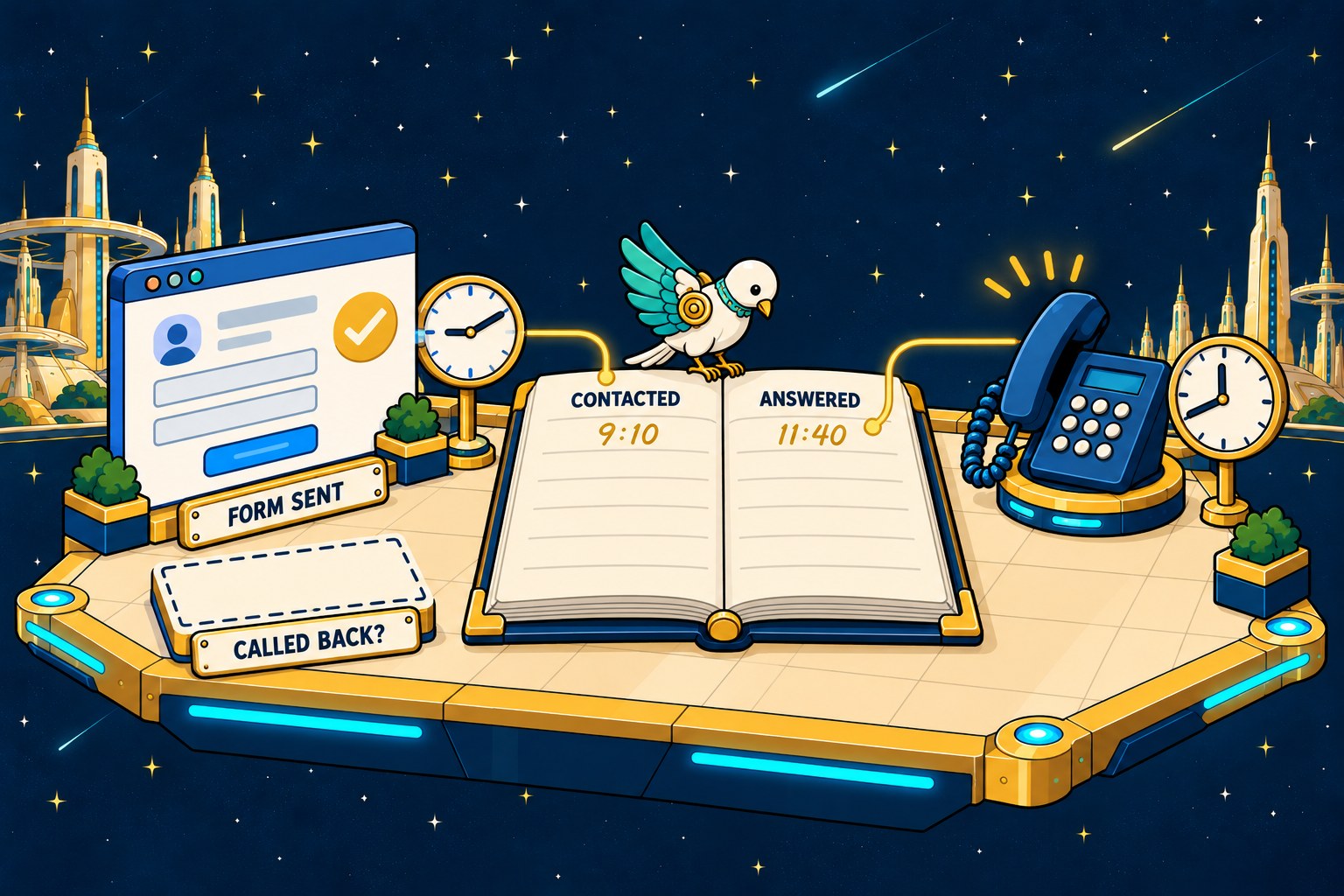 A 9:10 form and an 11:40 callback written in a two-column book, while the website's called-back plate stays empty.