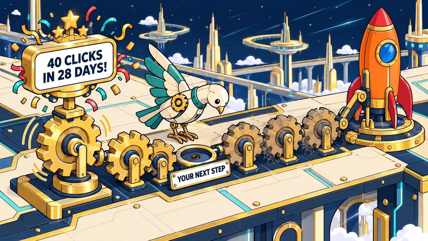 A sign celebrating 40 clicks in 28 days spins, but the next step gear is missing, so nothing moves.