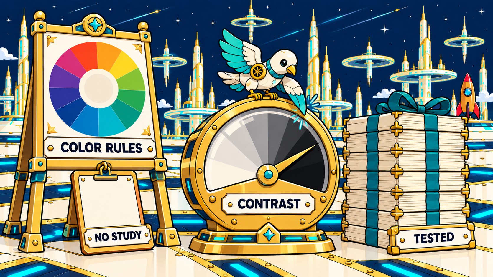 A color rules poster with a clipboard marked no study, beside a contrast gauge and a stack of tested studies.
