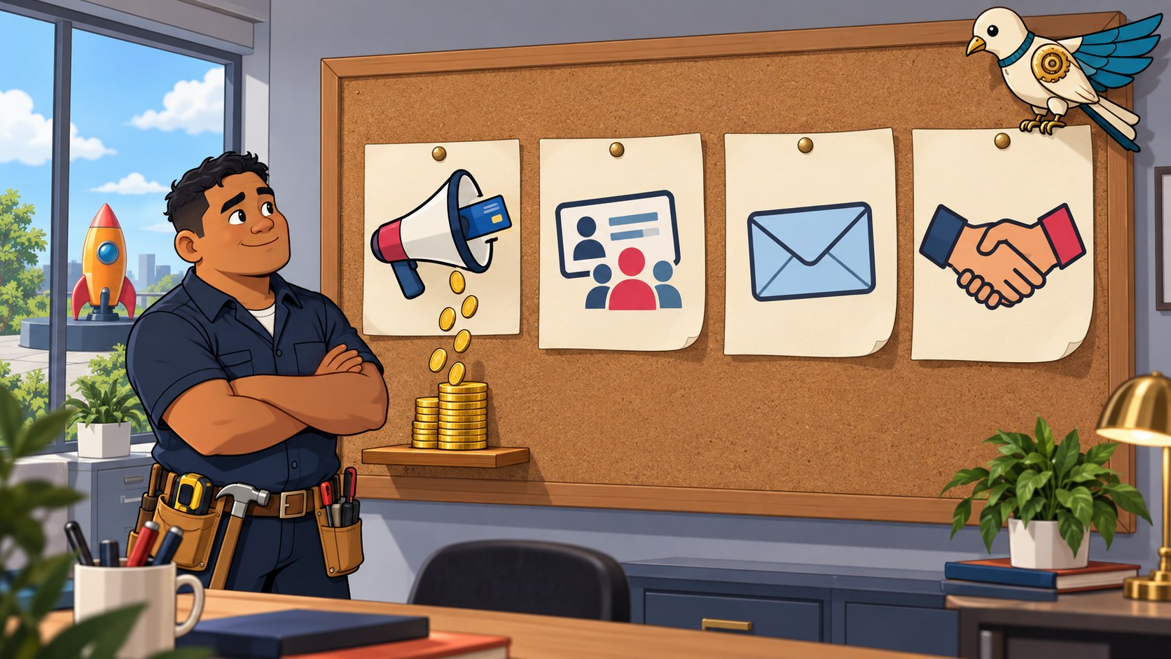 A tradesman studies a corkboard where only the ad card gets coins and three cheaper ideas sit unfunded.