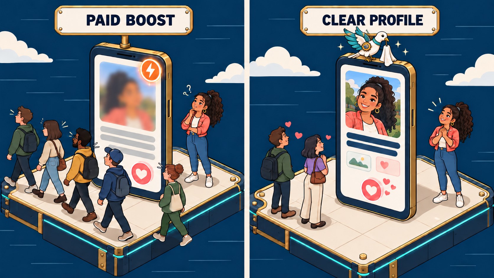 The same dating profile twice: boosted but blurry with five people walking past, then clear with two people stopping.