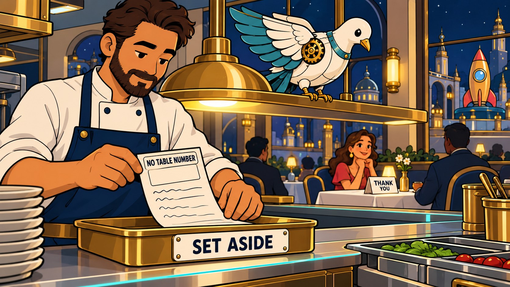 A calm cook sets a ticket with no table number aside while the guest who sent it smiles, unaware.