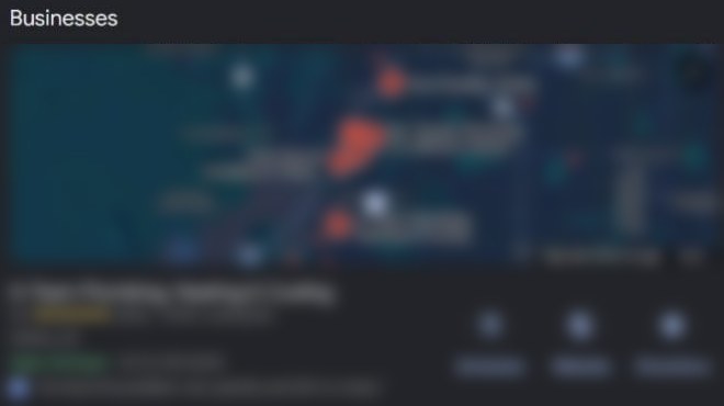 The free map results below the ads, names blurred.
