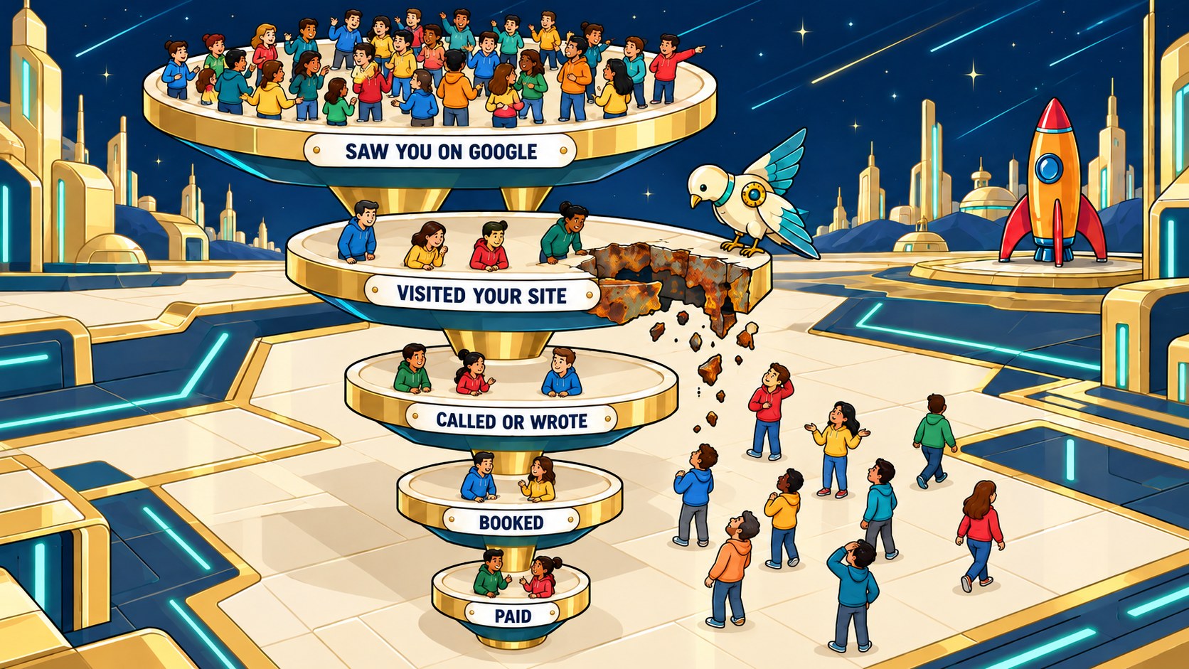 A five-tier funnel from seen on Google to paid, with the site visit tier rusted and customers slipping off.