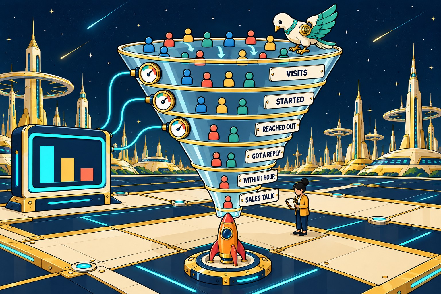 A labeled six-band funnel: gauges count visits, starts and contacts, while a scorekeeper writes down replies and sales talks.