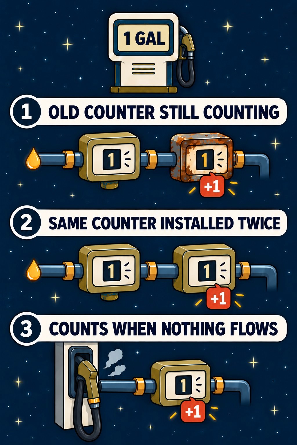 A pump reading 1 GAL and the first three places a second counter hides, each adding one more count.