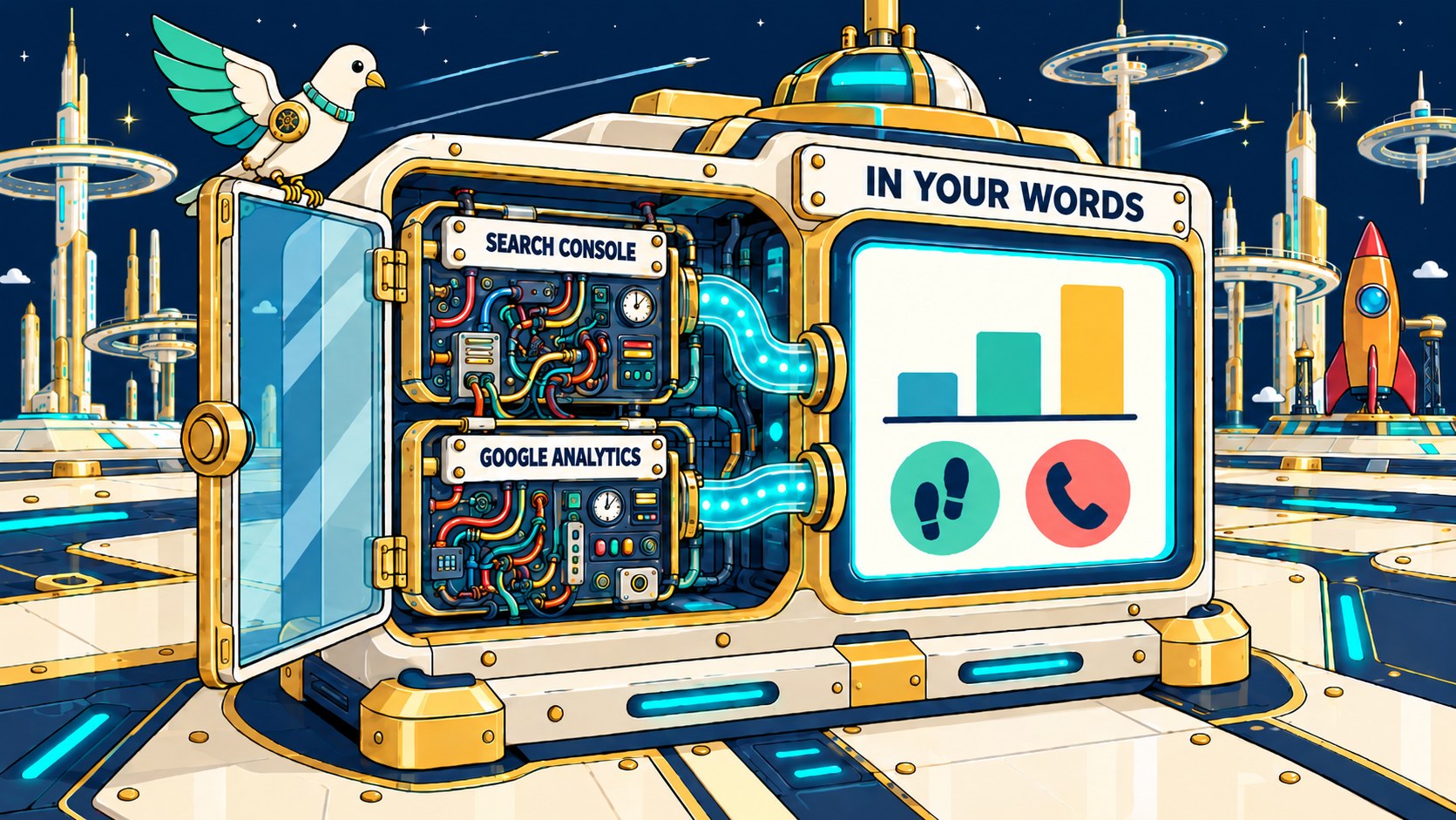 The dove opens a dashboard machine where cluttered Google modules feed one clear, simple screen.
