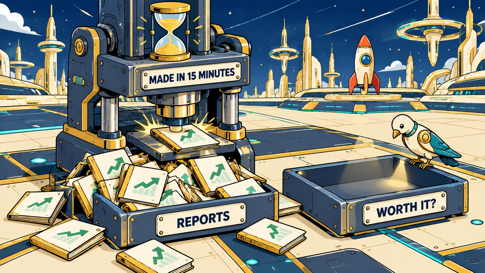 A report press stamps glossy reports into a full tray while the tray marked worth it sits empty.