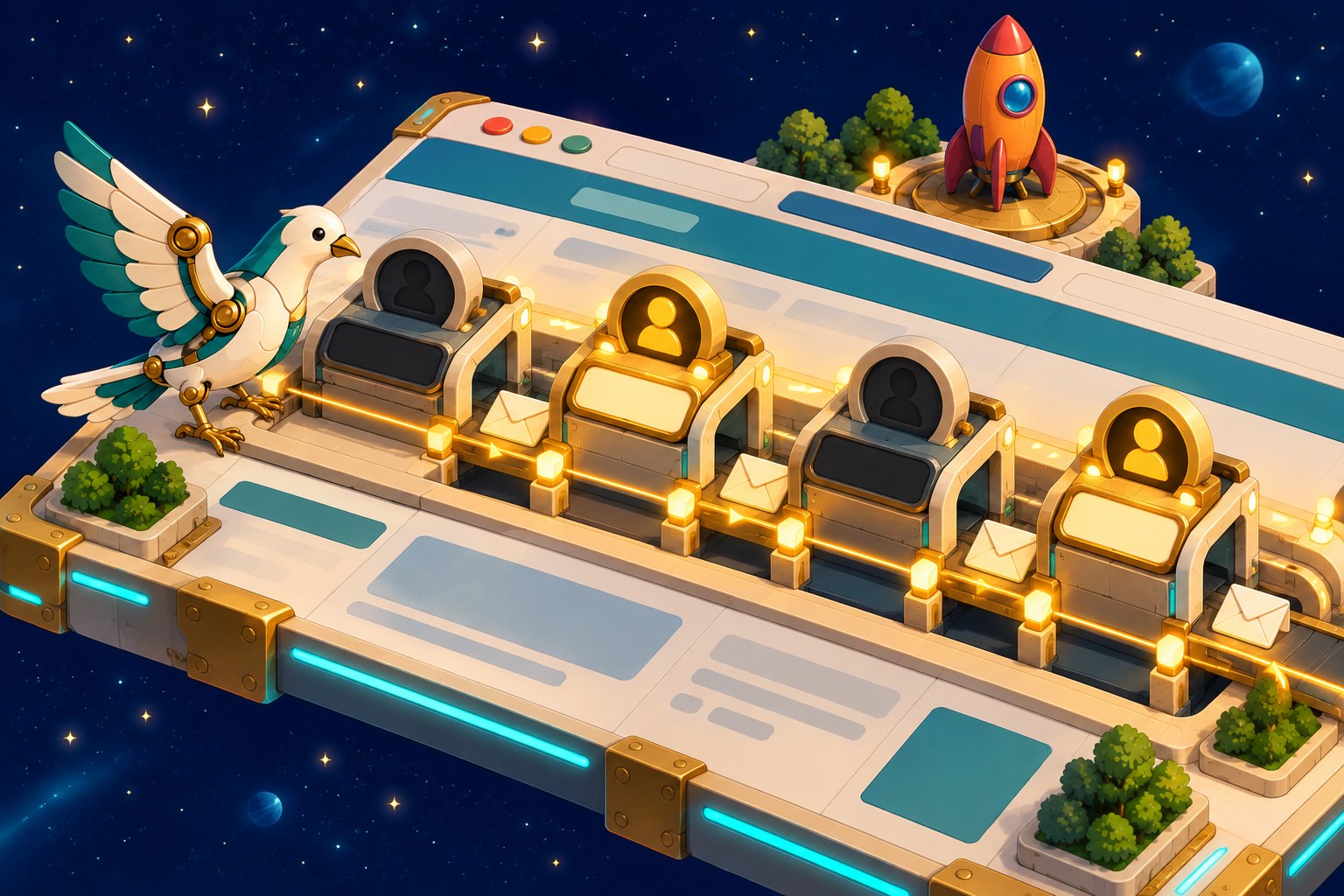 A console with four handoff stations: two with a gold name badge and two with empty dark plates, and the dove looking at the first empty one.