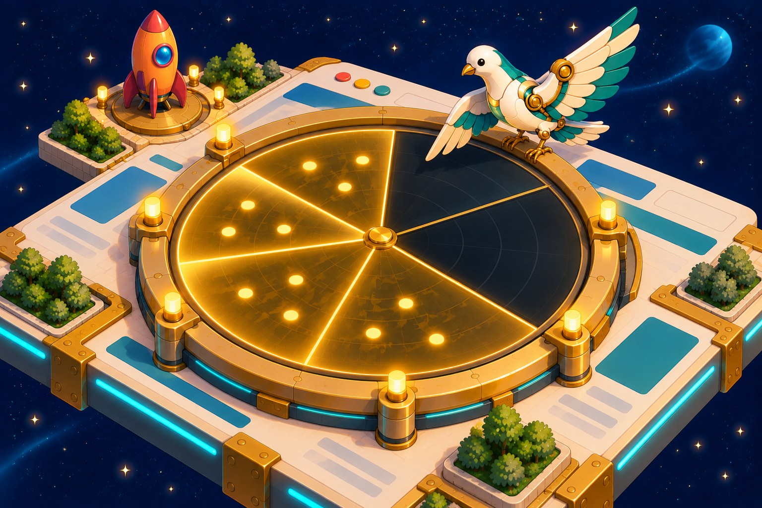 An honest radar: four wedges glow gold with counted blips and two wedges stay dark and empty, with the dove pointing at a dark one.