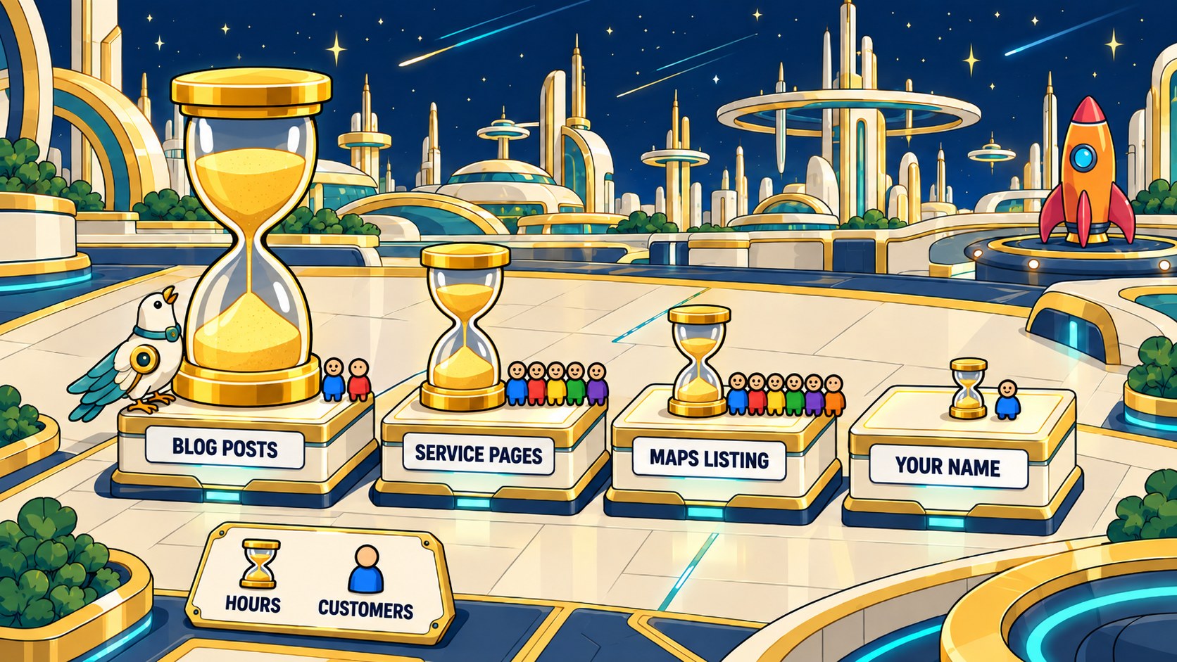Pedestals compare hours and customers: blog posts hold a giant hourglass and two customers, Maps six.