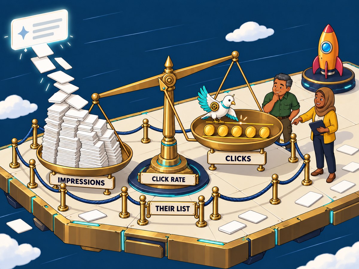 A balance scale with a growing pile of impressions and the same five click coins, inside a roped-off list