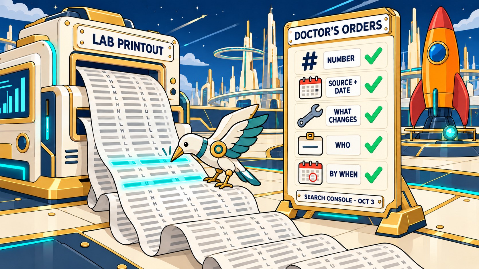 A long lab printout with two glowing rows beside a doctor's orders board listing five checked steps.