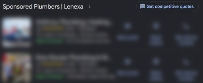 Pay-per-lead ads at the top of a plumber search, names blurred.
