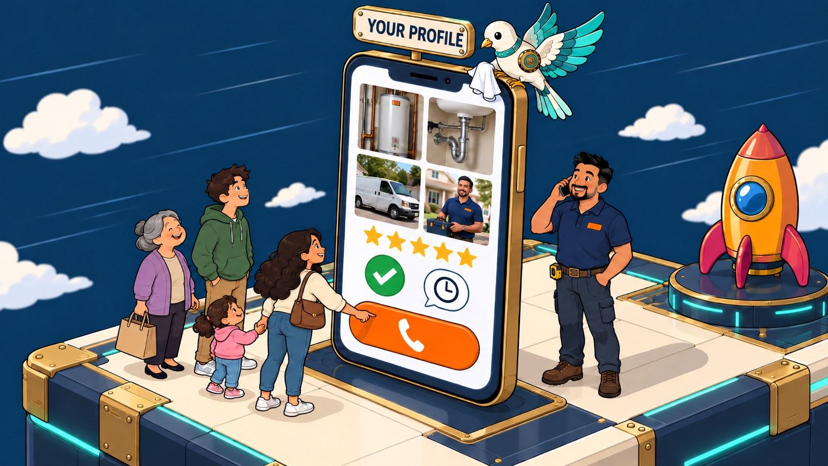 A local service profile on a giant phone with real work photos, five stars, a verified badge, and a fast-reply clock.
