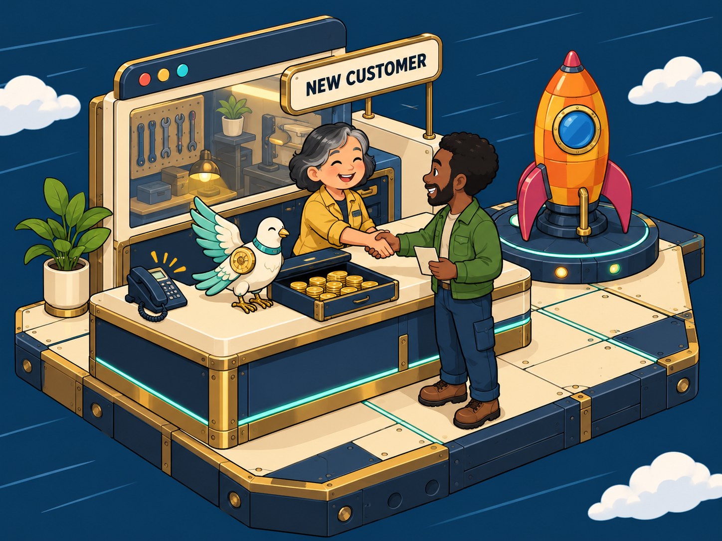 A shop owner shakes a new customer's hand at the counter beside a cash drawer full of coins.