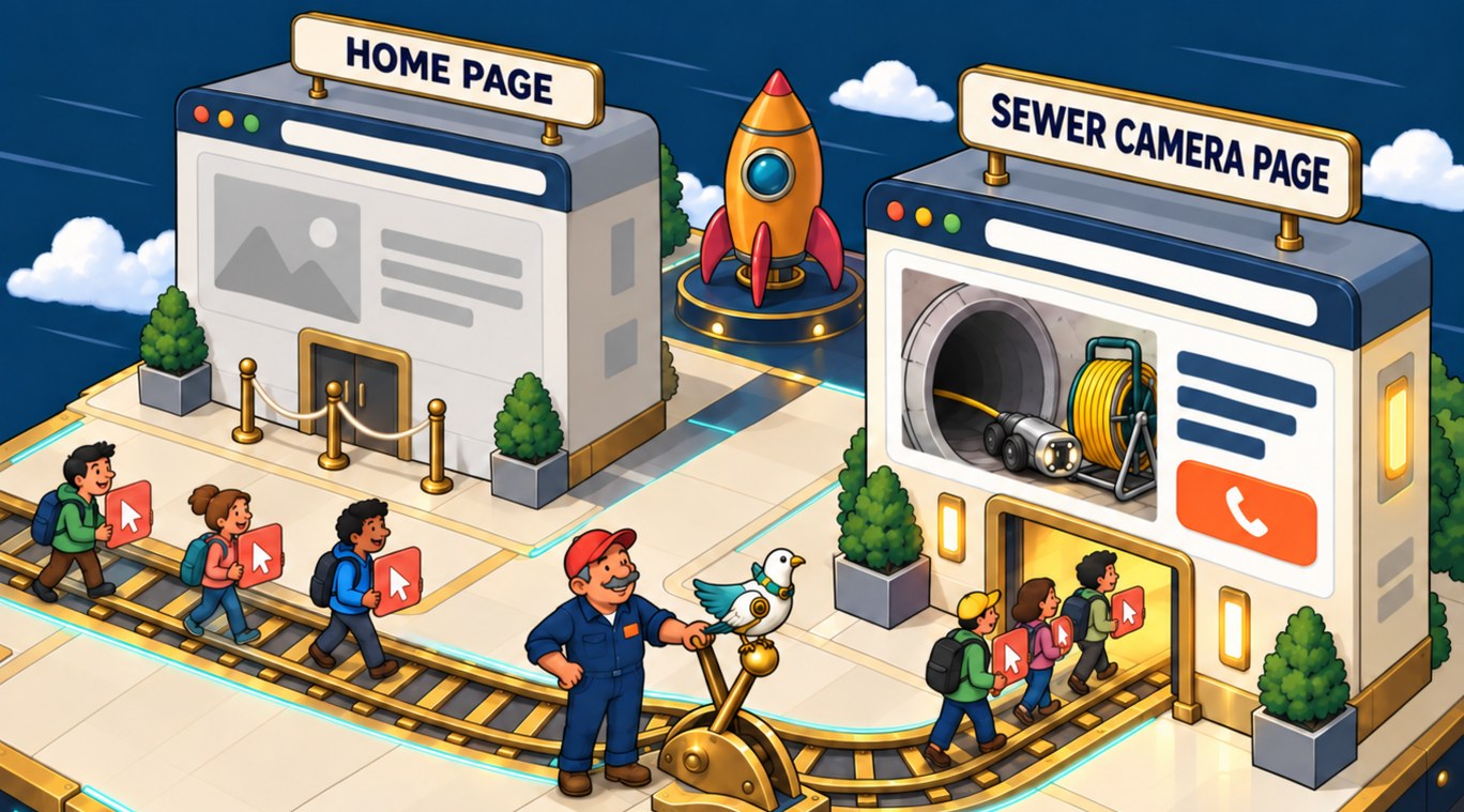 A plumbing company owner flips a switch so the paid ad clicks reach the sewer camera page instead of the home page.