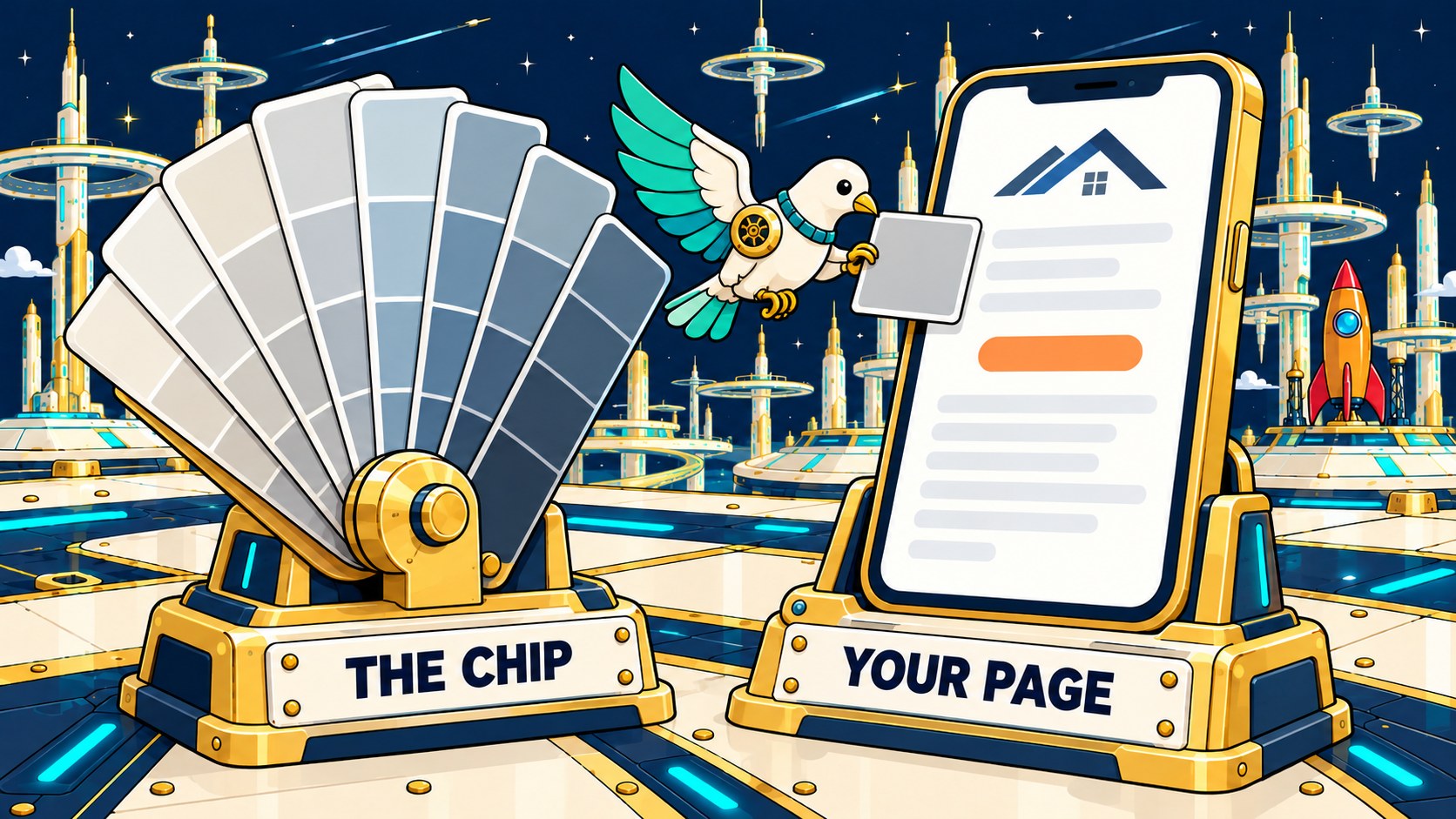 A mechanical dove holds a gray paint chip against the faint gray words on a roofing company's web page.