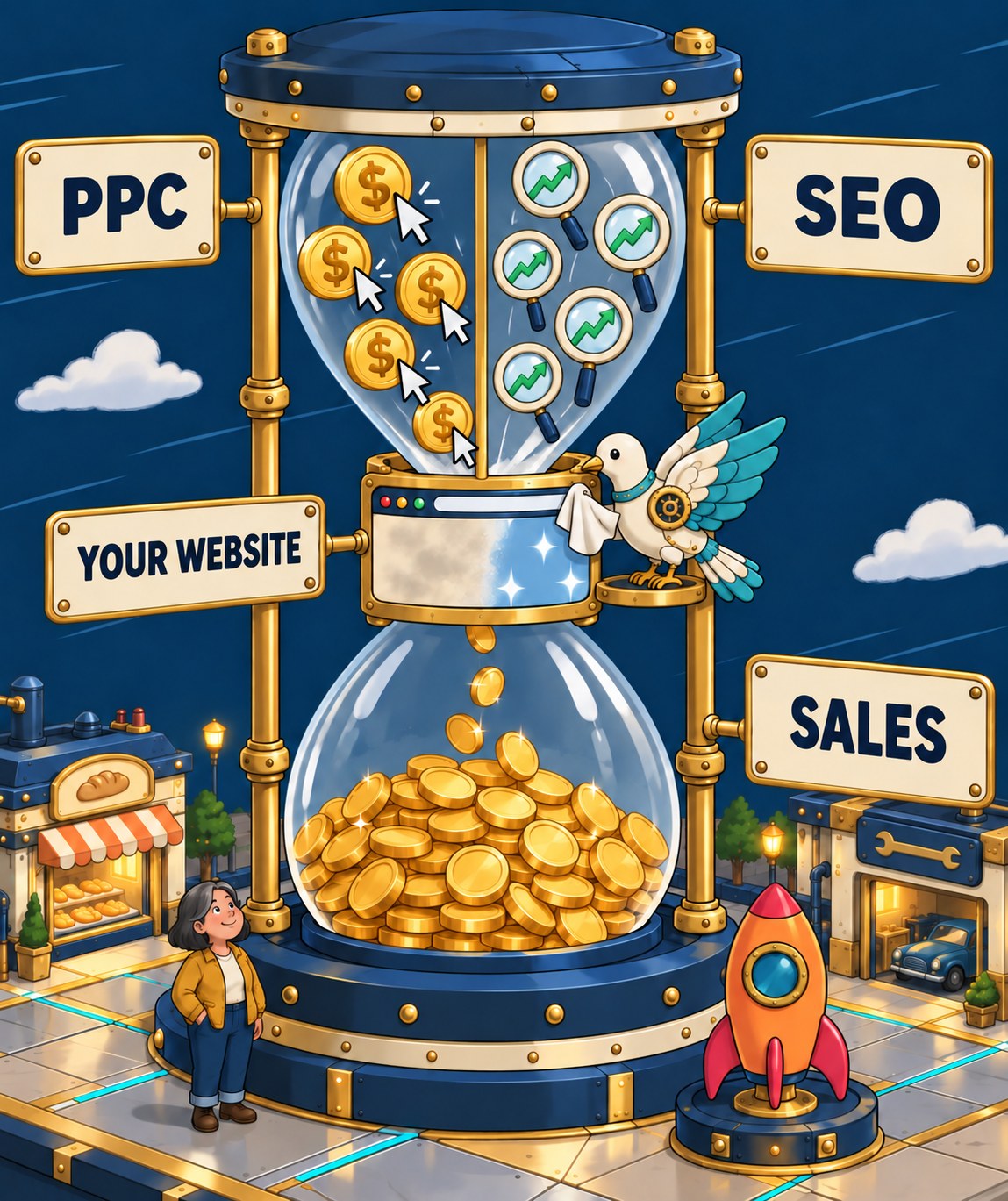 An hourglass where PPC clicks and SEO searches pour through one web page a dove wipes clear, into sales.