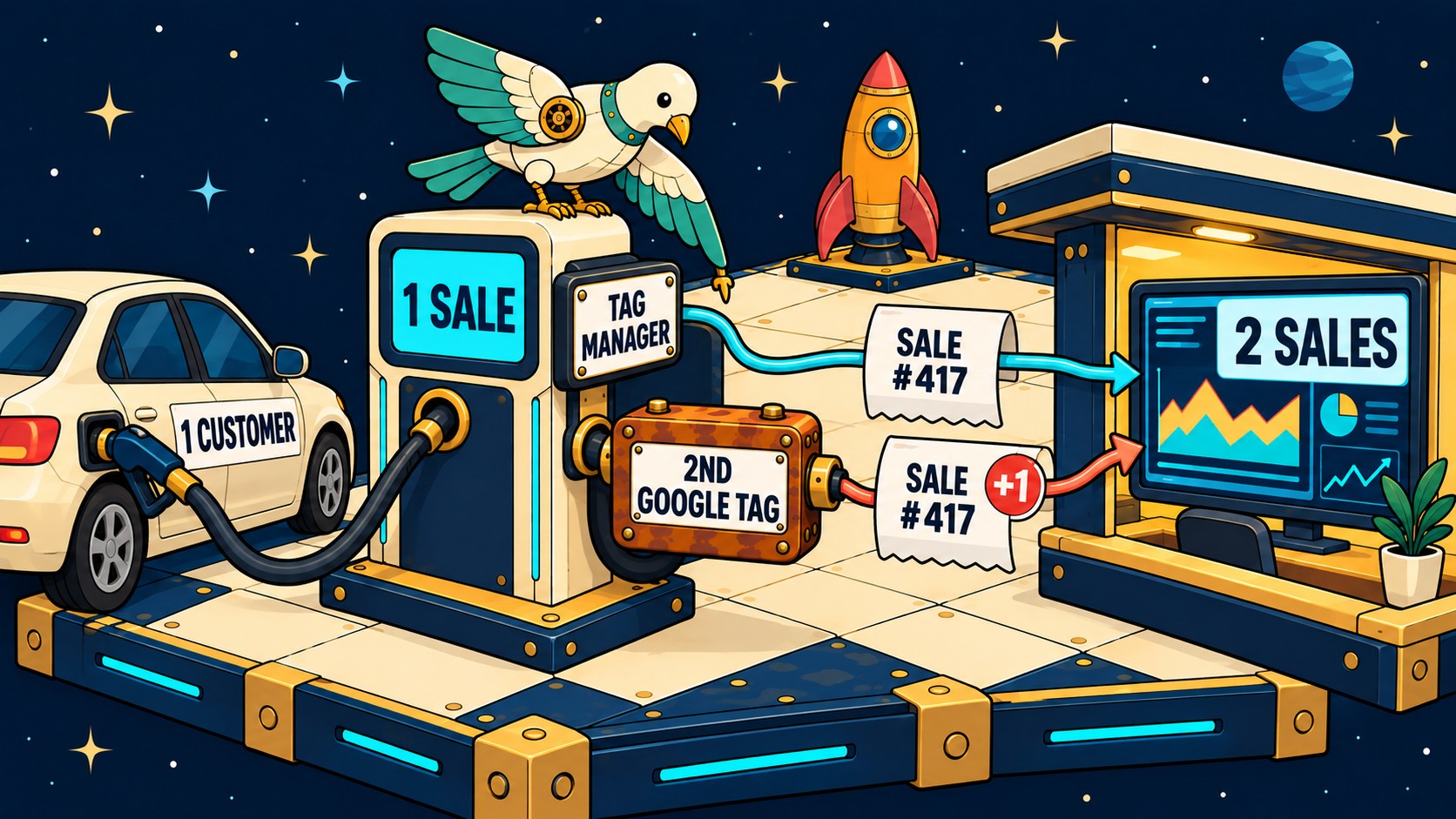One customer, one sale: the Tag Manager box and a second Google tag each send the same receipt, so the books say 2 sales.