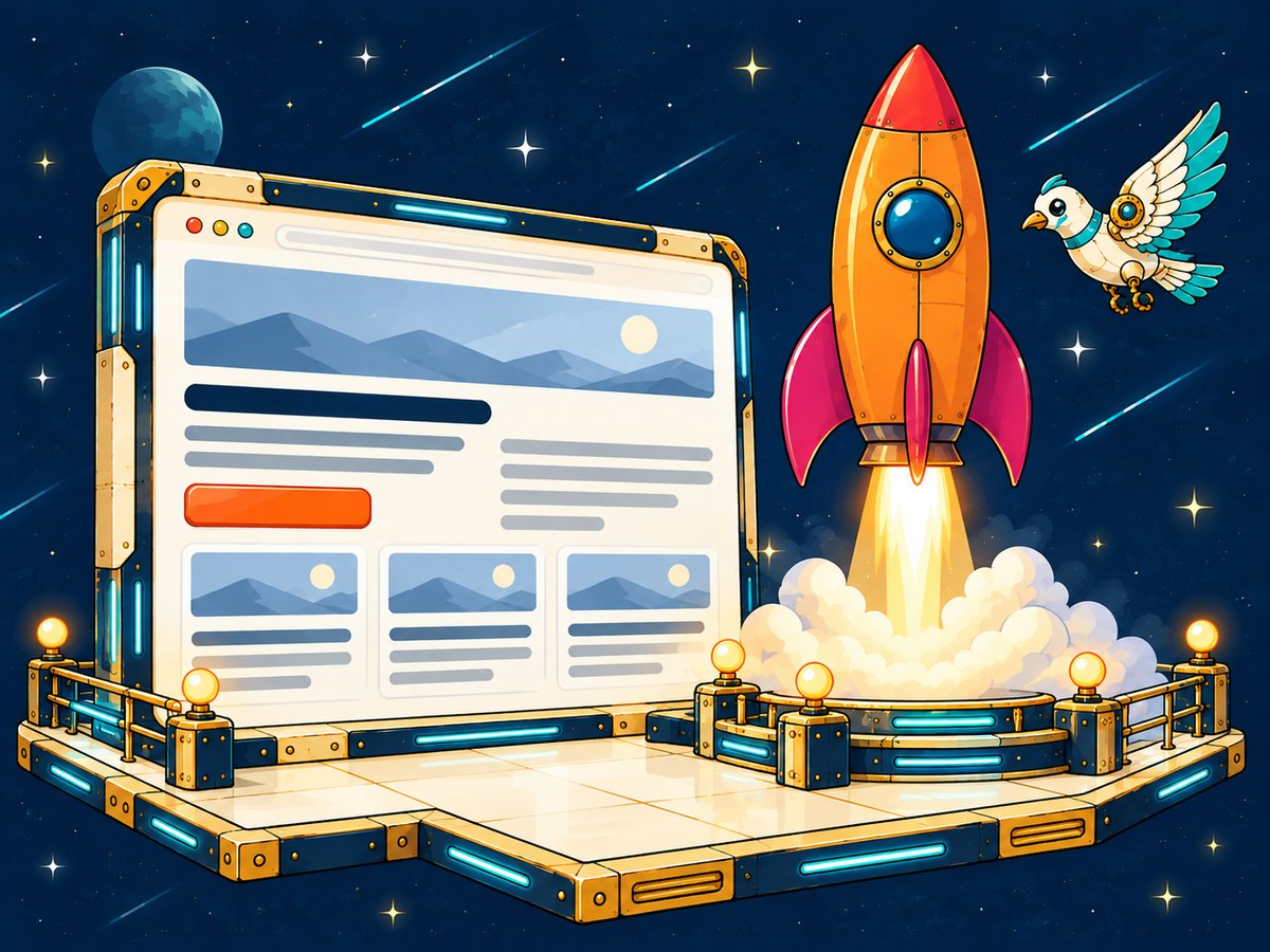 The same web page, now clear, beside a rocket lifting off, with the dove flying alongside