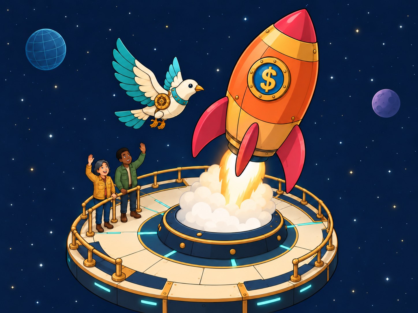 The rocket lifts off from a platform in deep space while the owner and a customer wave.