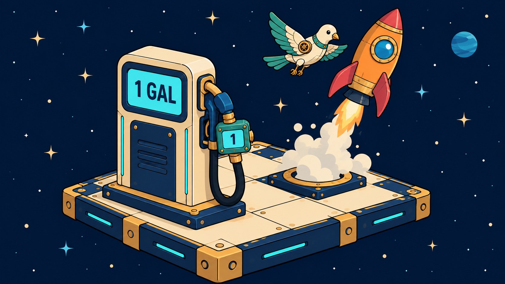 A pump reads 1 GAL with one clean counter showing 1 as the rocket lifts off and the dove flies beside it.