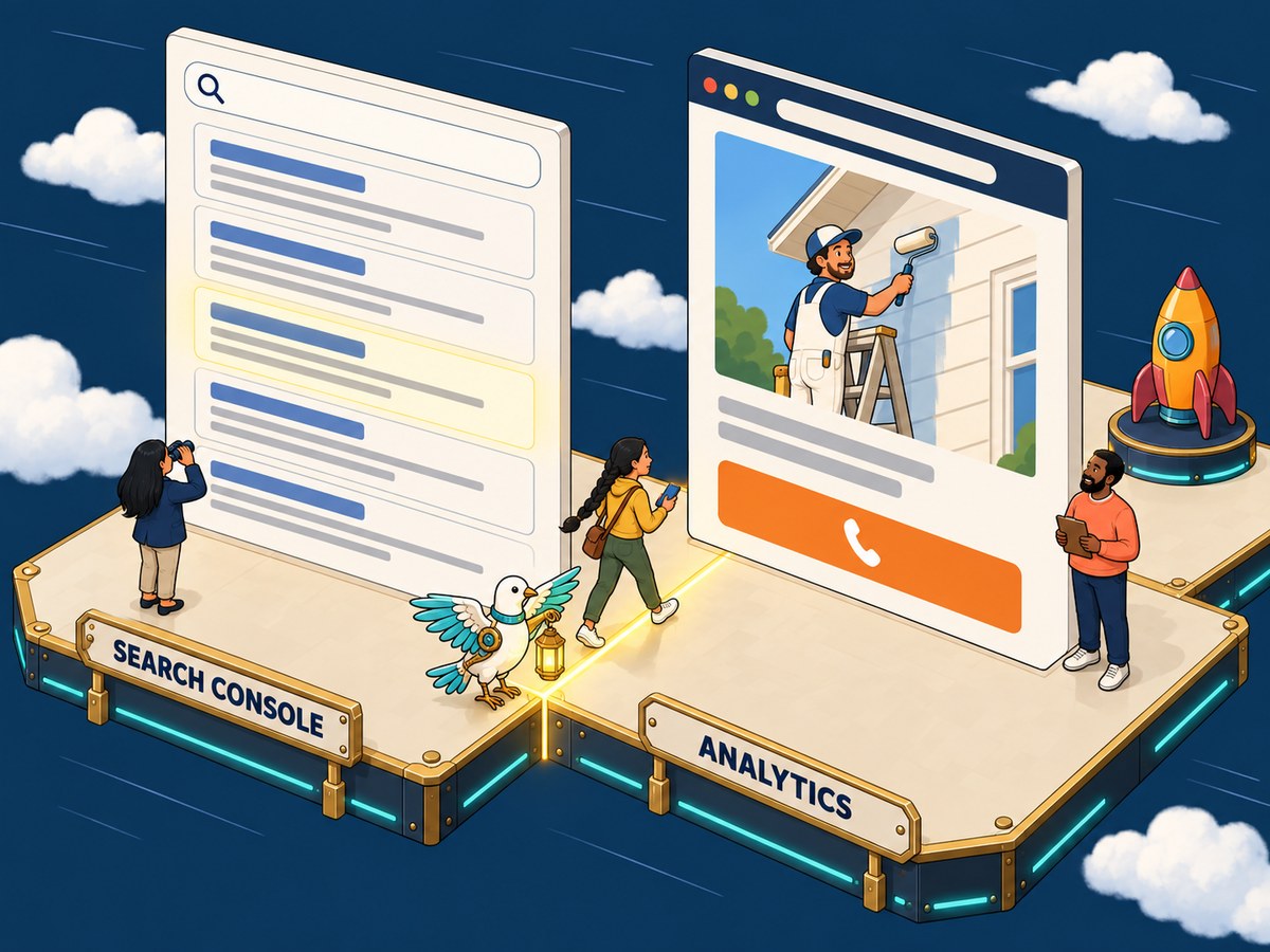 Search Console watching a search results page, Analytics watching a website, and a visitor crossing the seam between them
