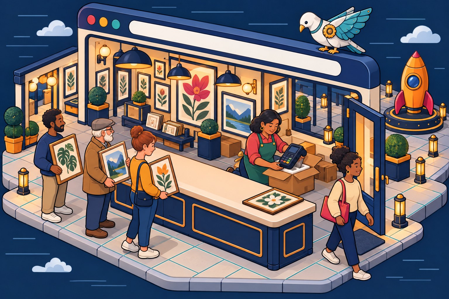 An art print shop at night where customers wait at a counter while the owner unboxes a card reader.