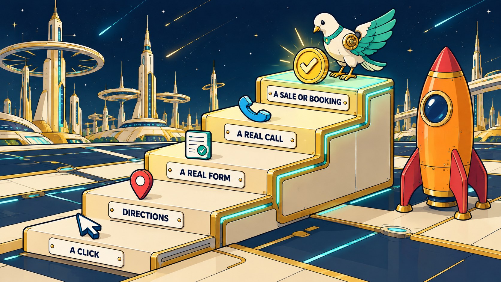 A five-step staircase climbs from a click to directions, a real form, a real call and a booked sale.