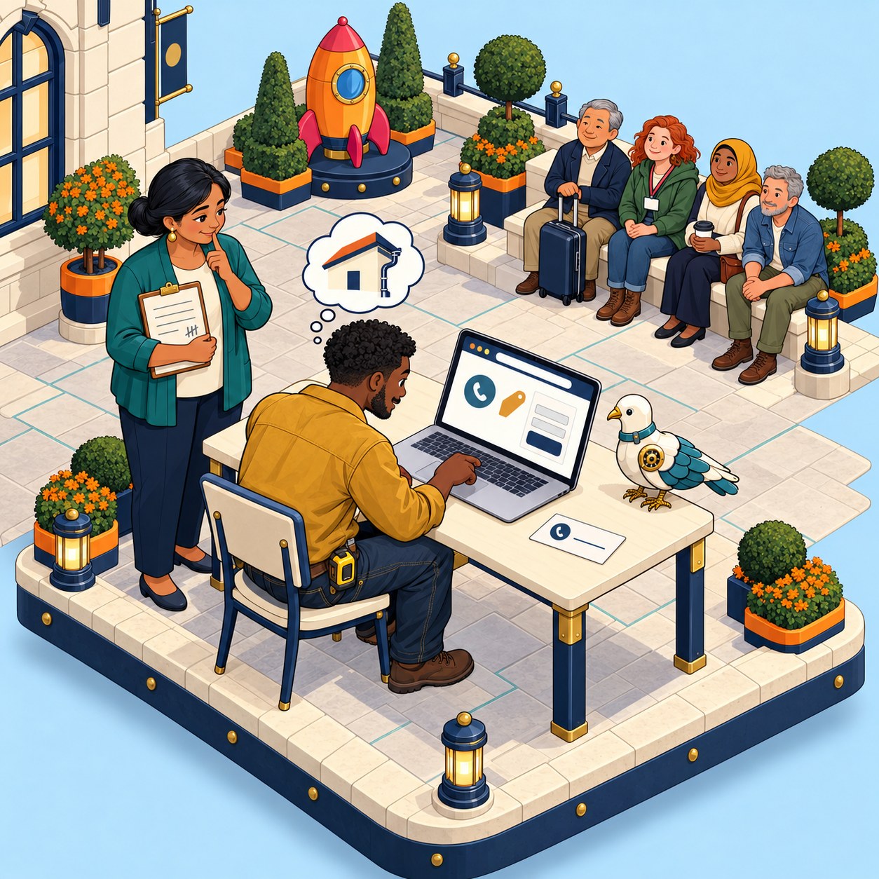 A business owner stays quiet while a stranger tries her website on a laptop and four more people wait.