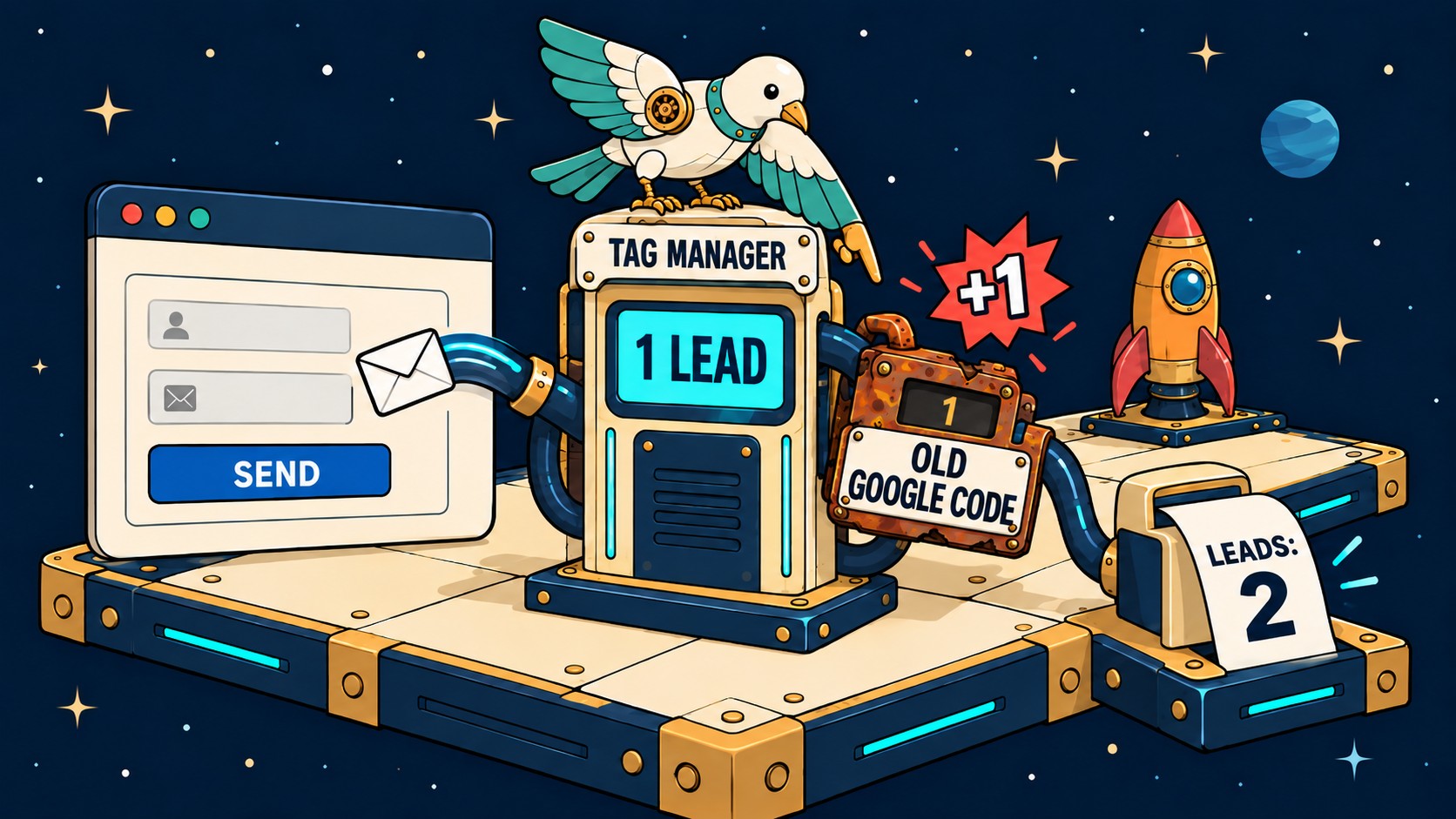 A Tag Manager pump reads 1 lead while an old Google code counter makes the report say 2.