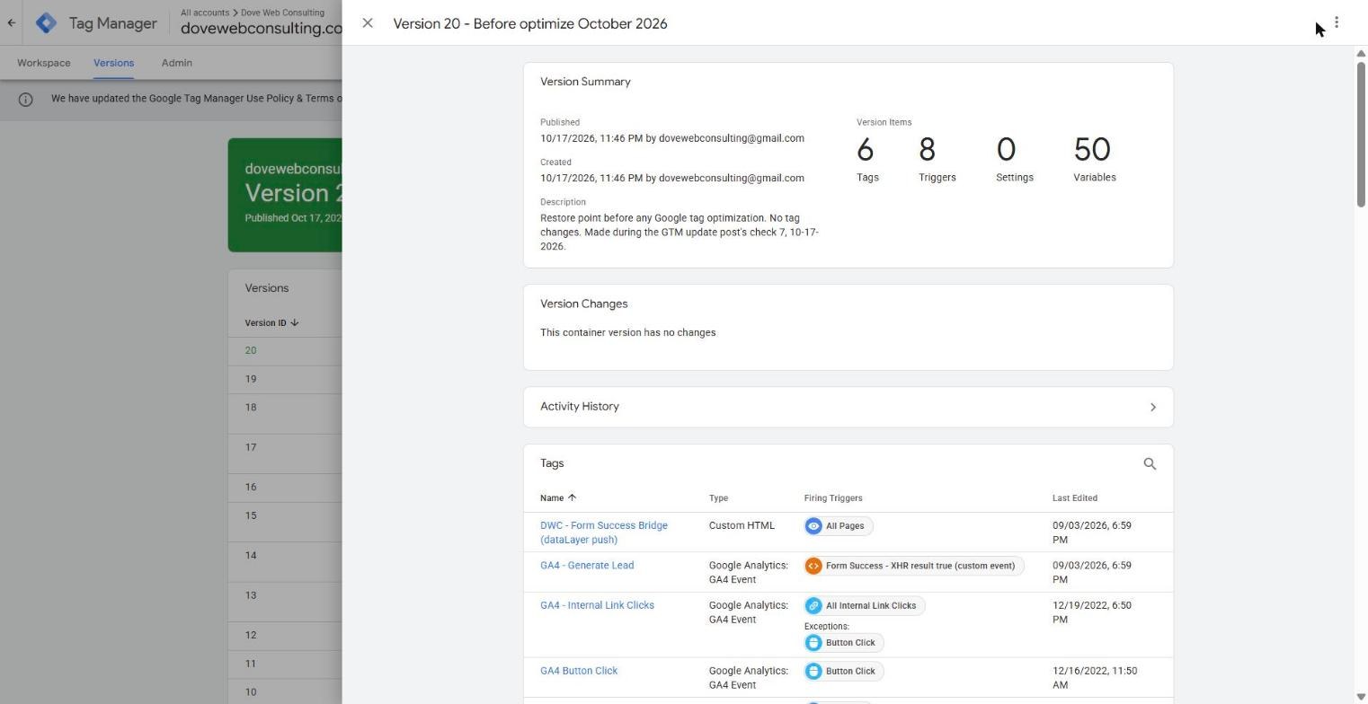 Our own Tag Manager version saved and named before optimizing, so it can be published again later.