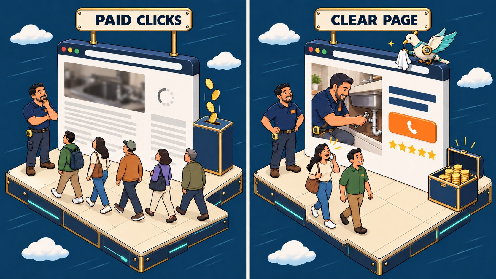 A repair company's page twice: paid clicks pass a blurry page, then customers call from a clear page with a call button.