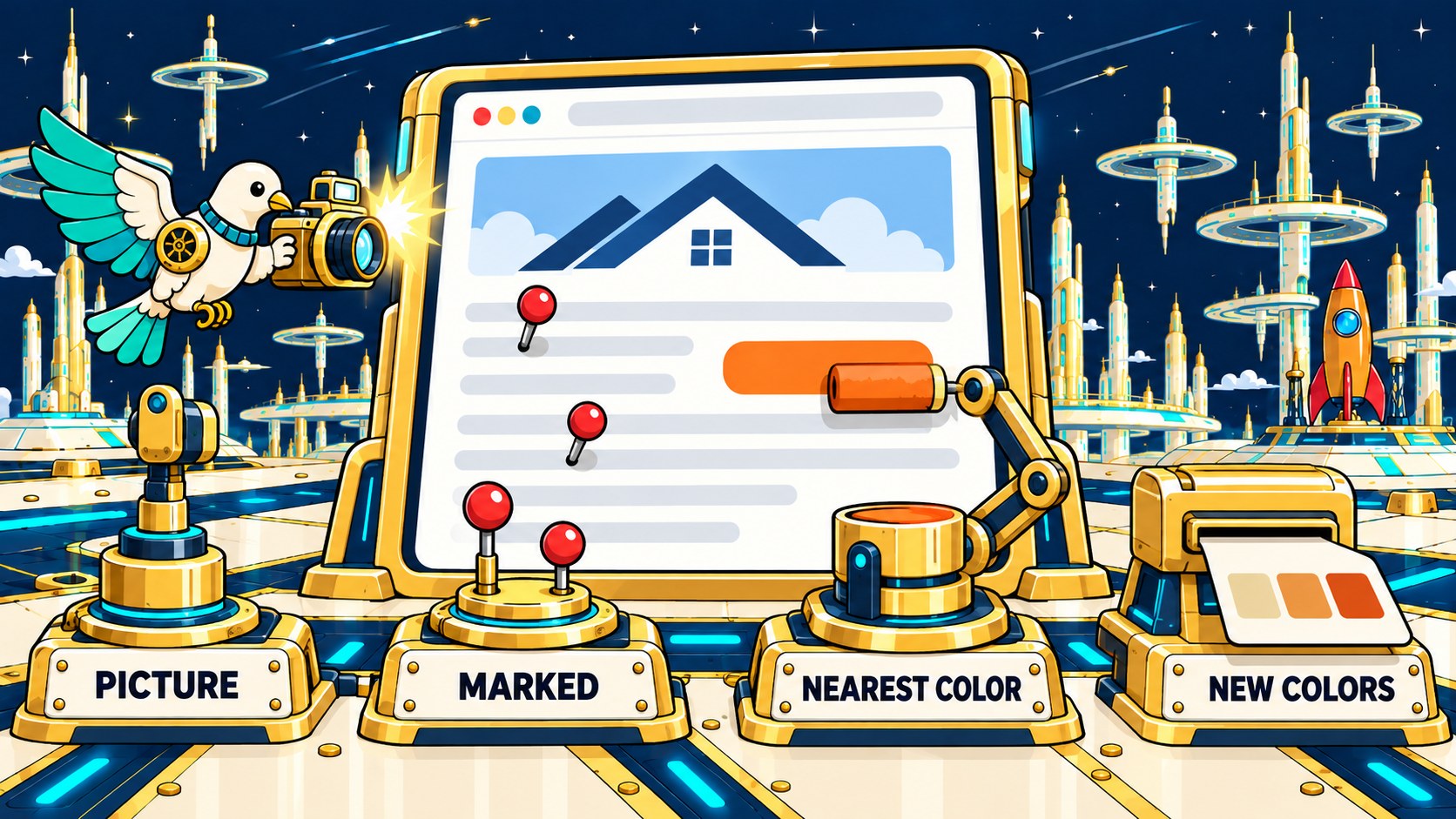 The dove photographs a web page, red pins mark faint lines, and a roller deepens the orange button.