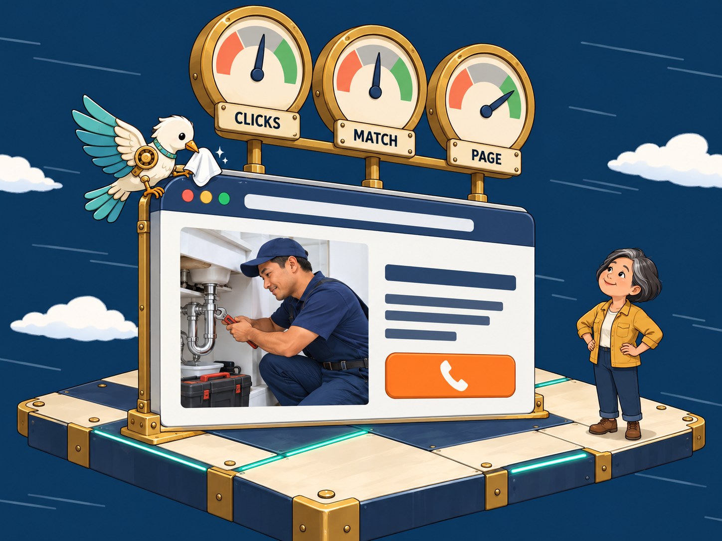 A website page under three brass gauges labeled clicks, match and page, while a dove wipes the page clear.